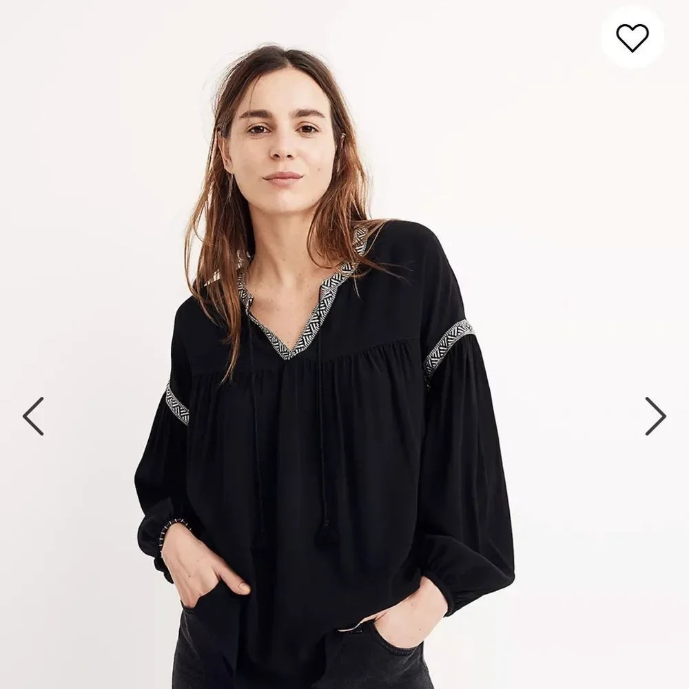 Madewell Black Peasant Blouse Preppy Office Career Plaid Casual Transition Small